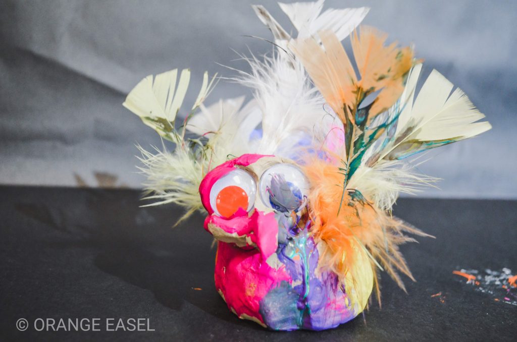 Clay Art Project for Preschoolers: Clay Booblehead Pigeon with Feathers and Googly Eyes