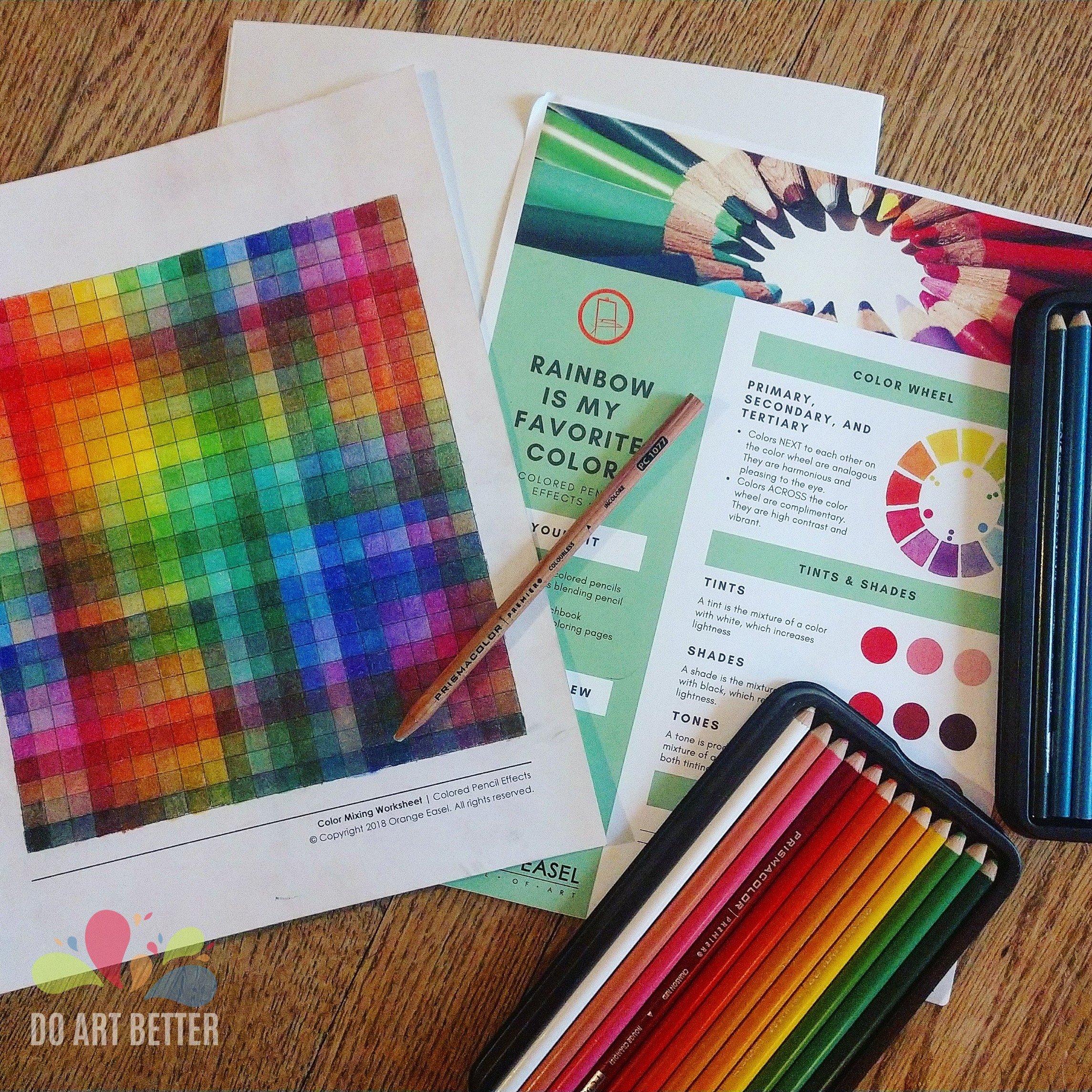 Colored pencil techniques and exercises. This exercise is a great way to practice your blending in a relaxing way and end up with a handy color-mixing reference sheet!